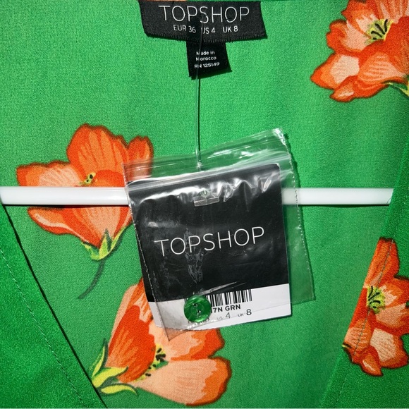 &Topshop green with orange flowers floral top blouse shirt with tie front new 4 - Picture 6 of 10